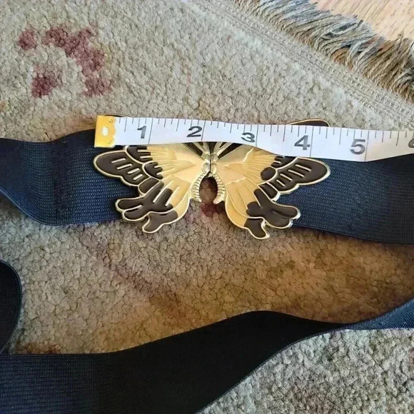 VTG 1980s Butterfly Enameled Buckle Stretch Belt  Black Size XL  41in End To End - Picture 9 of 9
